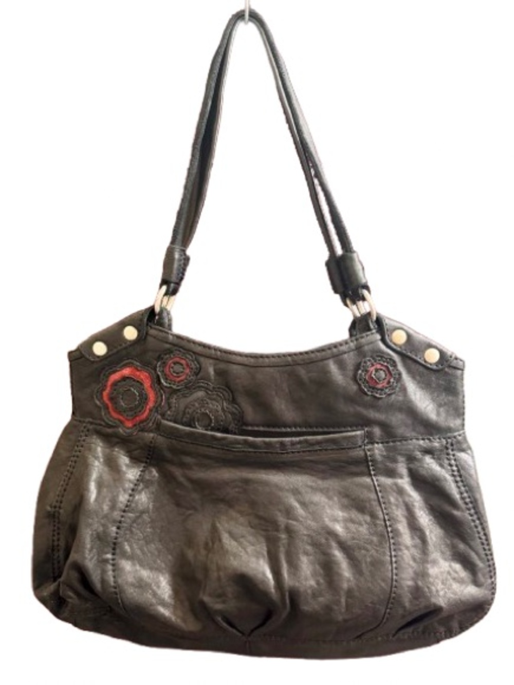 Lucky Brand Y2K Leather Boho Shoulder Bag w/ Appliqué Flowers- (Black) Like New